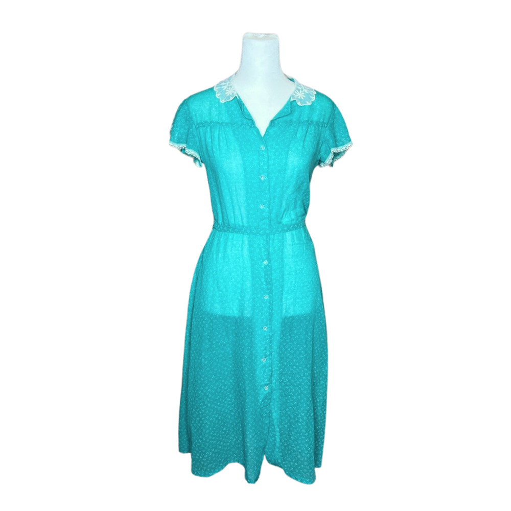 Vtg 50s Shirt Waist Dress Floral Lace Trim Sheer Cottagecore Prairie Whimsical